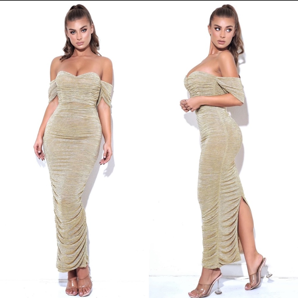 MISS CIRCLE Gene Gold Ruched Off Shoulder Chiffon Dress